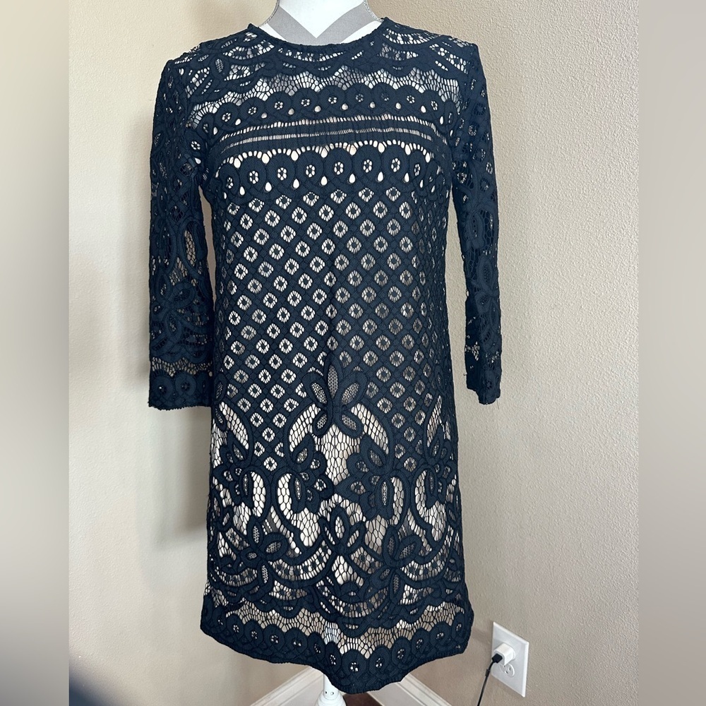 B. DARLIN Women’s Black Lace Dress With Nude Underlay